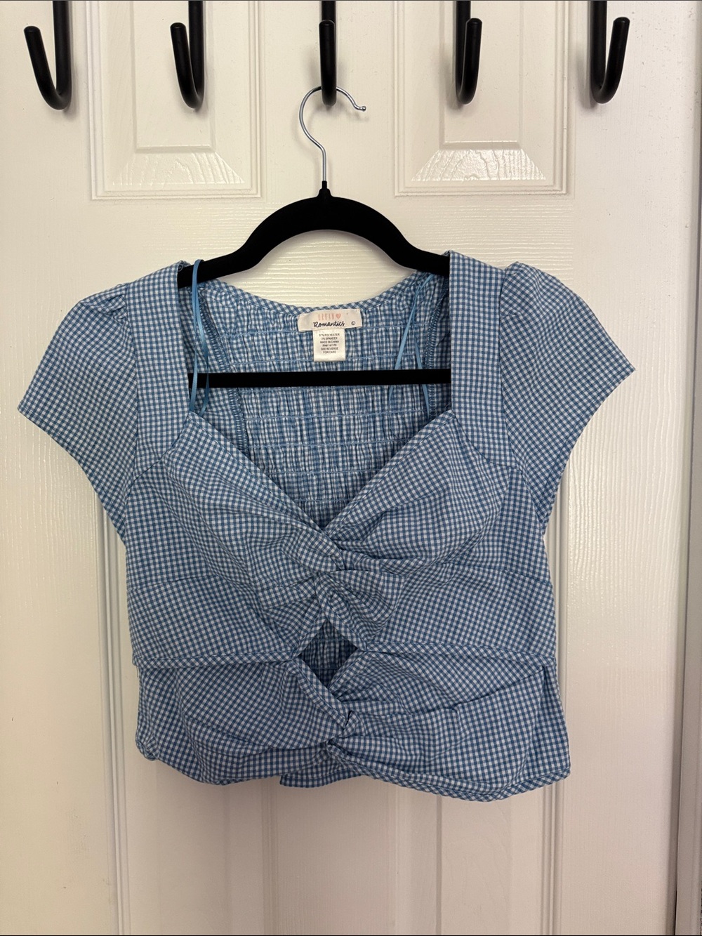 Light Blue Gingham Knot-Front Crop Top